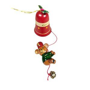 Vintage Hand Painted Russ Berrie Red Bell Ornament Teddy Bear Jingle Bell